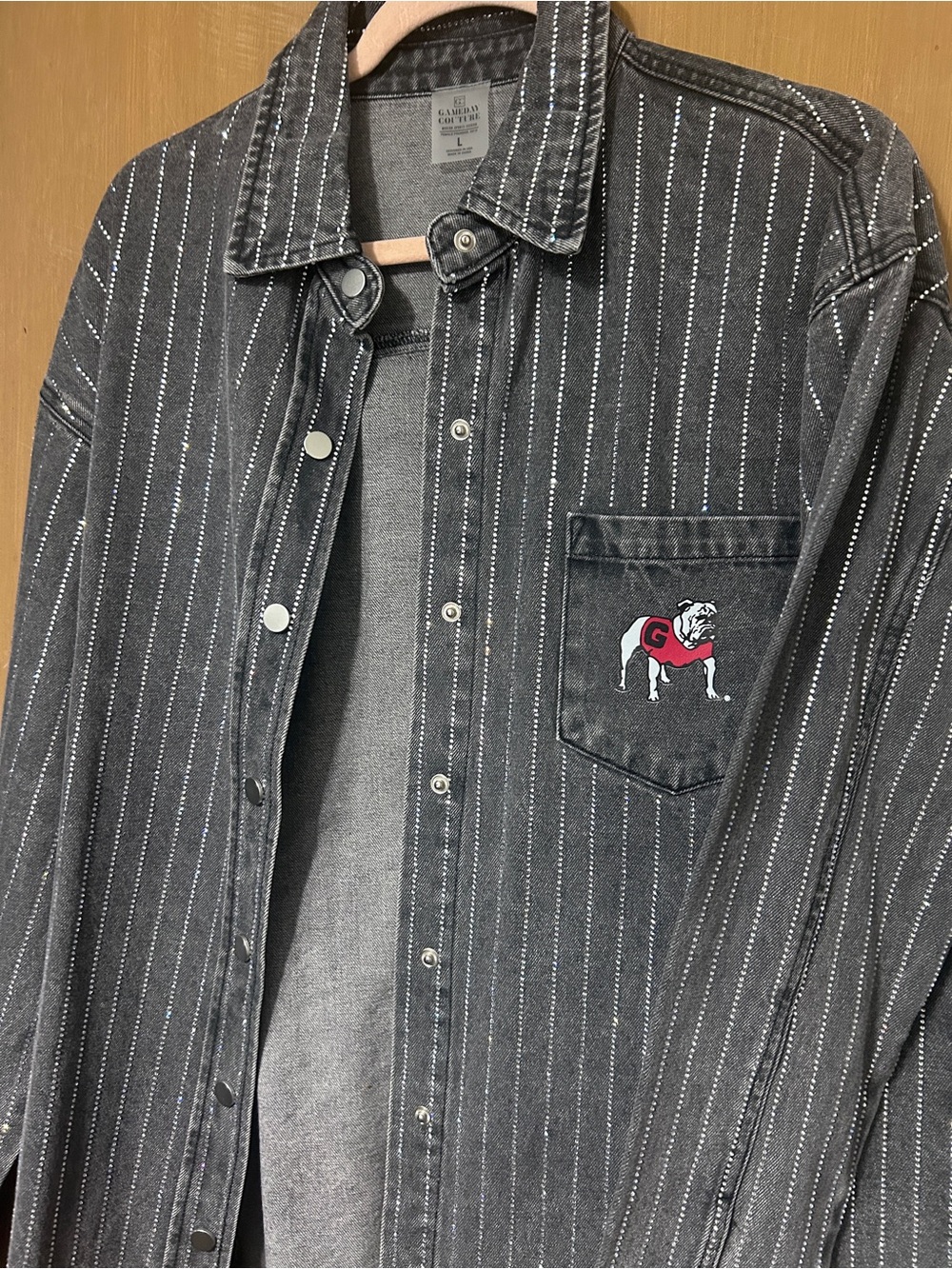 Striped Rhinestone Black Denim Shacket with GA Bulldog Pocket Patch